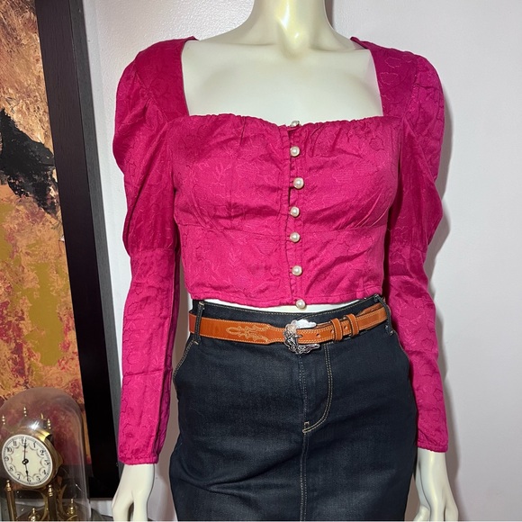 Anthropologie Rahi Rahi square Neck Puffy Sleeve Brocade Crop Top Pink small AB - Picture 1 of 11